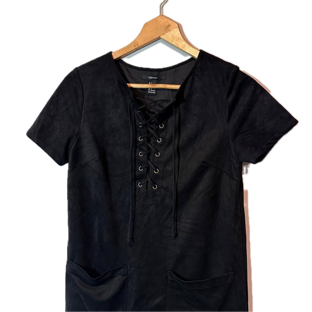 Forever 21 Womens Black Faux Suede Lace Up Shift Mini Dress Small Short Sleeve